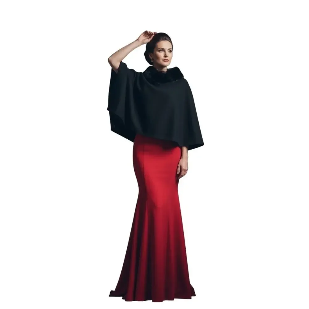 Talbots Black Faux Fur Trim Asymmetrical Hem Cape Poncho Women XS/S Formal Wear - Picture 10 of 14